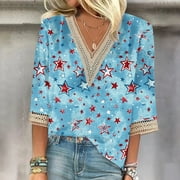YOTAMI 4th of July Women's T-Shirts Plus Size American Flag Print Tops for Summer Patriotic Fashion 3/4 Sleeve Lace V-Neck Lightweight Breathable Blouses Sizes S-XXXXXL